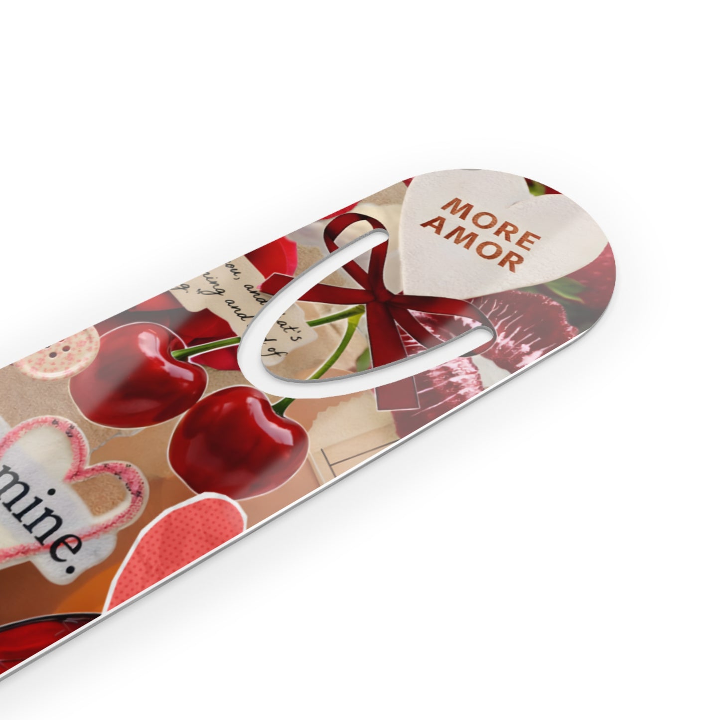 Valentine Collage Metal Bookmark — "You're Mine" Cherry & Heart Love Design